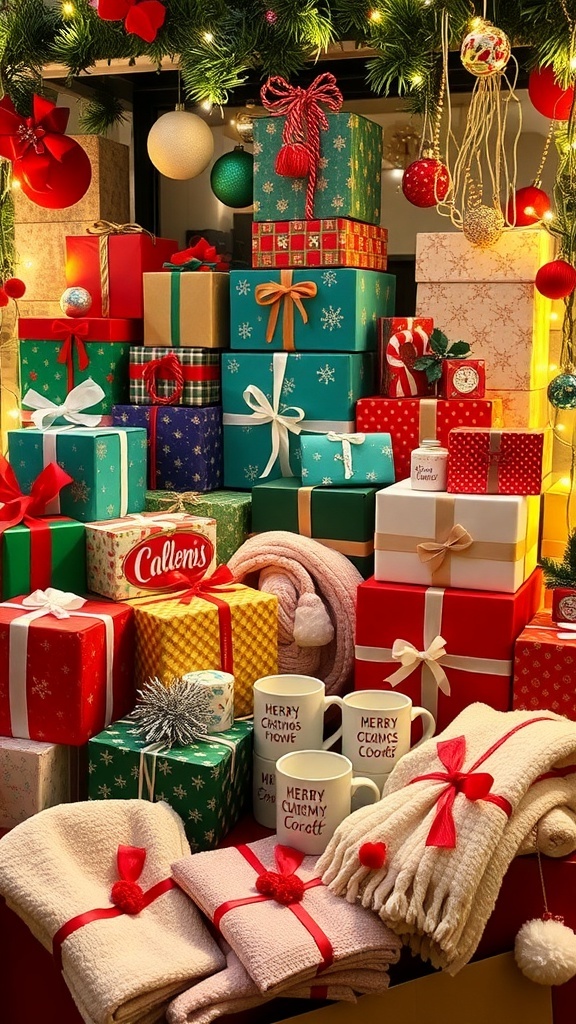 A collection of Christmas gifts wrapped in colorful paper and ribbons, surrounded by holiday decorations.